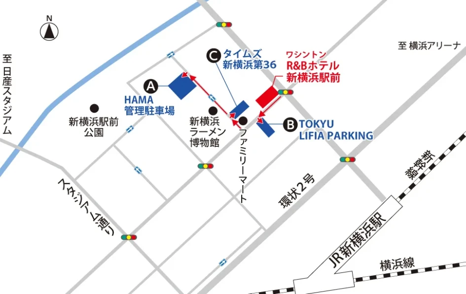 図：ワシントンR&Bホテル新横浜駅前の、周辺駐車場