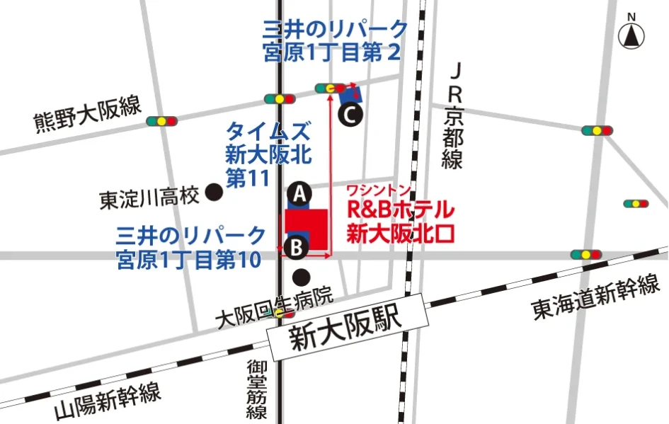 図：ワシントンR＆Bホテル新大阪北口の周辺駐車場