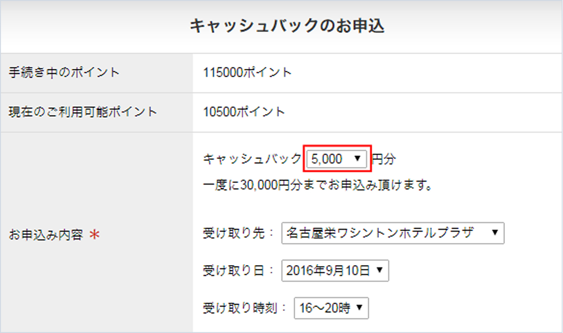 キャッシュバックのお申込フォーム